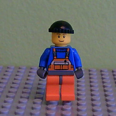LEGO Minifigure-Overalls with Safety Stripe Orange, Orange Legs and Dark Bluish Gray Hips, Black Knit Cap-Town-CTY238-Creative Brick Builders